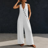 Wearvelle – Sleeveless Wide-Leg Jumpsuit with Diagonal Buttons and Pockets