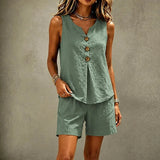 Solavia – Linen-Look 2 Piece Set, Sleeveless Button Top and Relaxed Shorts, Summer Matching Set for Women