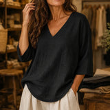 Sereva – Women's Relaxed V-Neck Linnen Blouse with Three-Quarter Sleeves and Curved Hem
