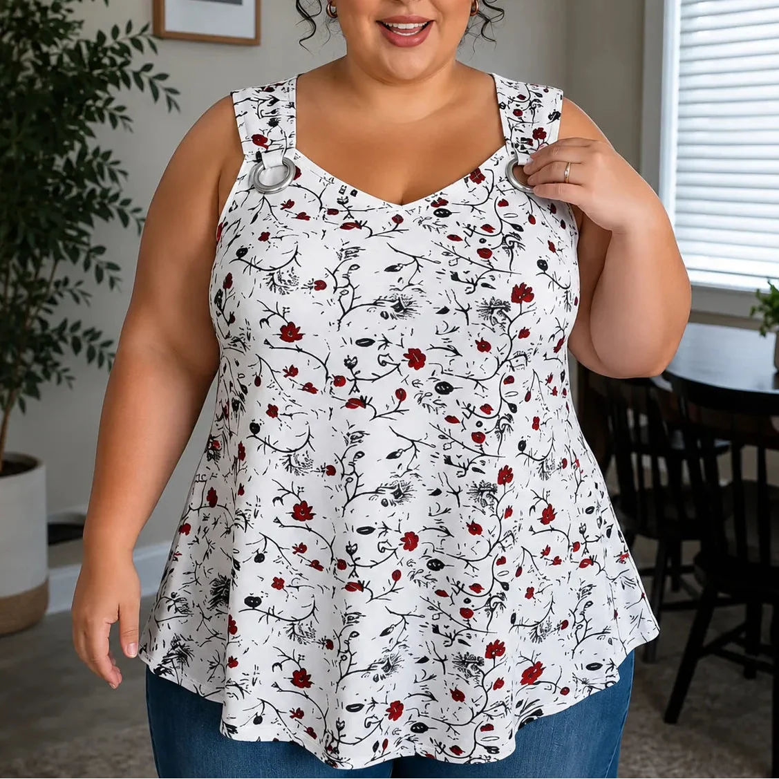 Wearlora – Plus Size Floral Swing Tank Top with O-Ring Straps