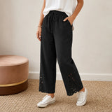 Solenne – Women's Wide Leg Drawstring Pants with Floral Cutwork Hem