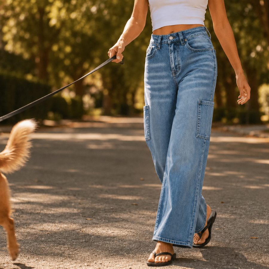 Marelle – Wide Leg Cargo Jeans for Women, Light Wash Straight Cut
