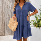 Marelle – Tiered V-Neck Linen-Look Mini Dress with Collar