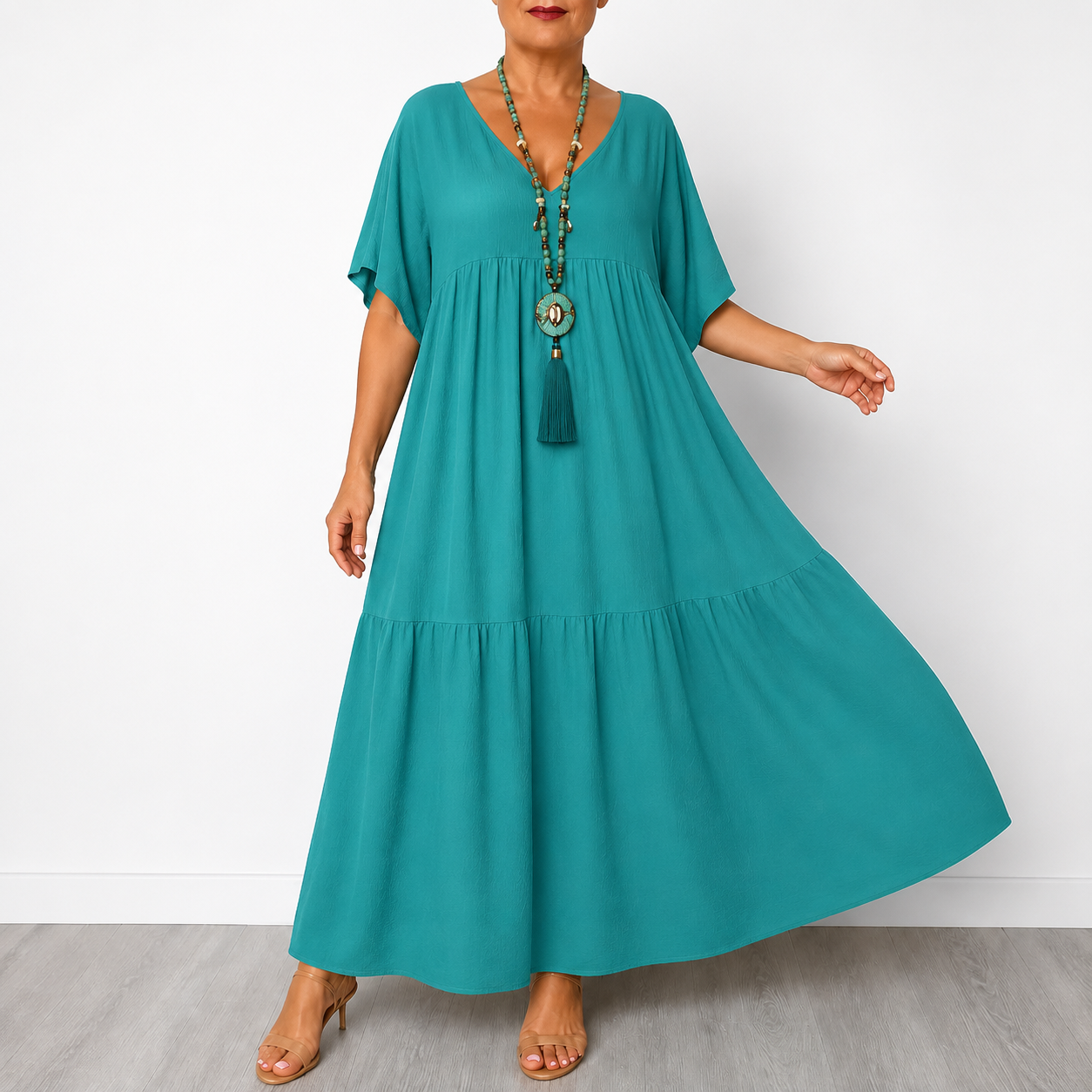 Vellira – Plus Size V-Neck Tiered Midi Dress
