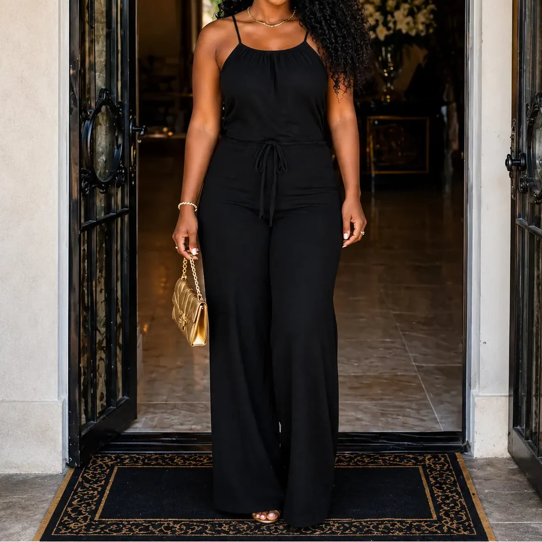 Soraya – Halter Wide-Leg Drawstring Jumpsuit, Summer Denim-Look