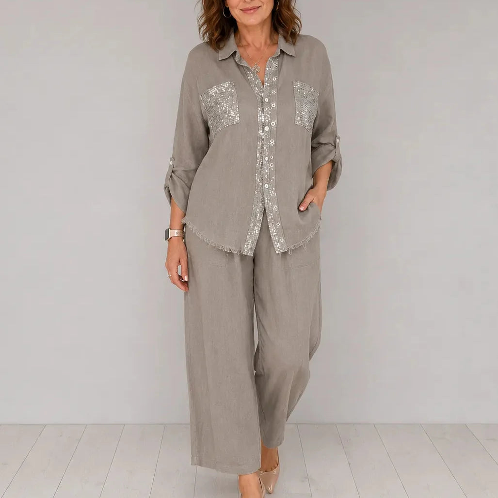 Solencia – Shimmer Pocket Shirt and Wide-Leg Pants Set