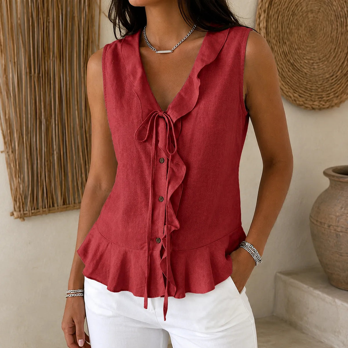 Vellara – Sleeveless Ruffle V-Neck Blouse with Bow Tie and Peplum Hem