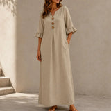 Marellia – Flowy Linen-Look V-Neck Maxi Dress with Pockets
