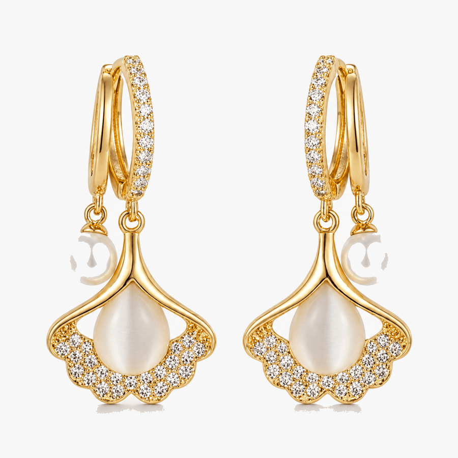 Ginara – Crystal Ginkgo Leaf Drop Earrings with Pearl