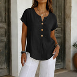Solene – Relaxed V-Neck Blouse with Wood-like Buttons for Women