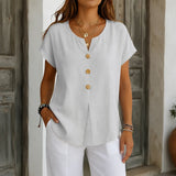 Solene – Relaxed V-Neck Blouse with Wood-like Buttons for Women