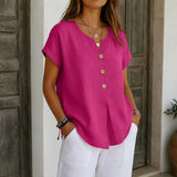 Solene – Relaxed V-Neck Blouse with Wood-like Buttons for Women