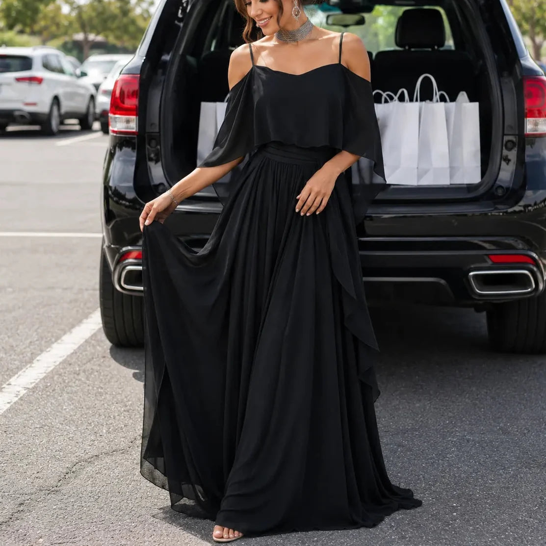 Solavia – Cold Shoulder Chiffon-like Maxi Dress for Weddings & Formal Events
