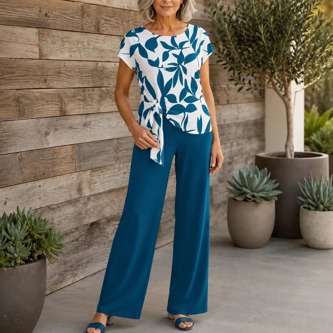Marovelle – Marble Print Knot-Front Top and Wide-Leg Pants Set