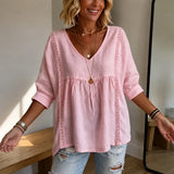 Liorelle – Lace Trim V Neck Babydoll Blouse for Women