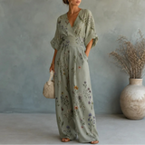 Solene – Printed V-Neck Wide-Leg Jumpsuit with Cinched Waist and Pockets
