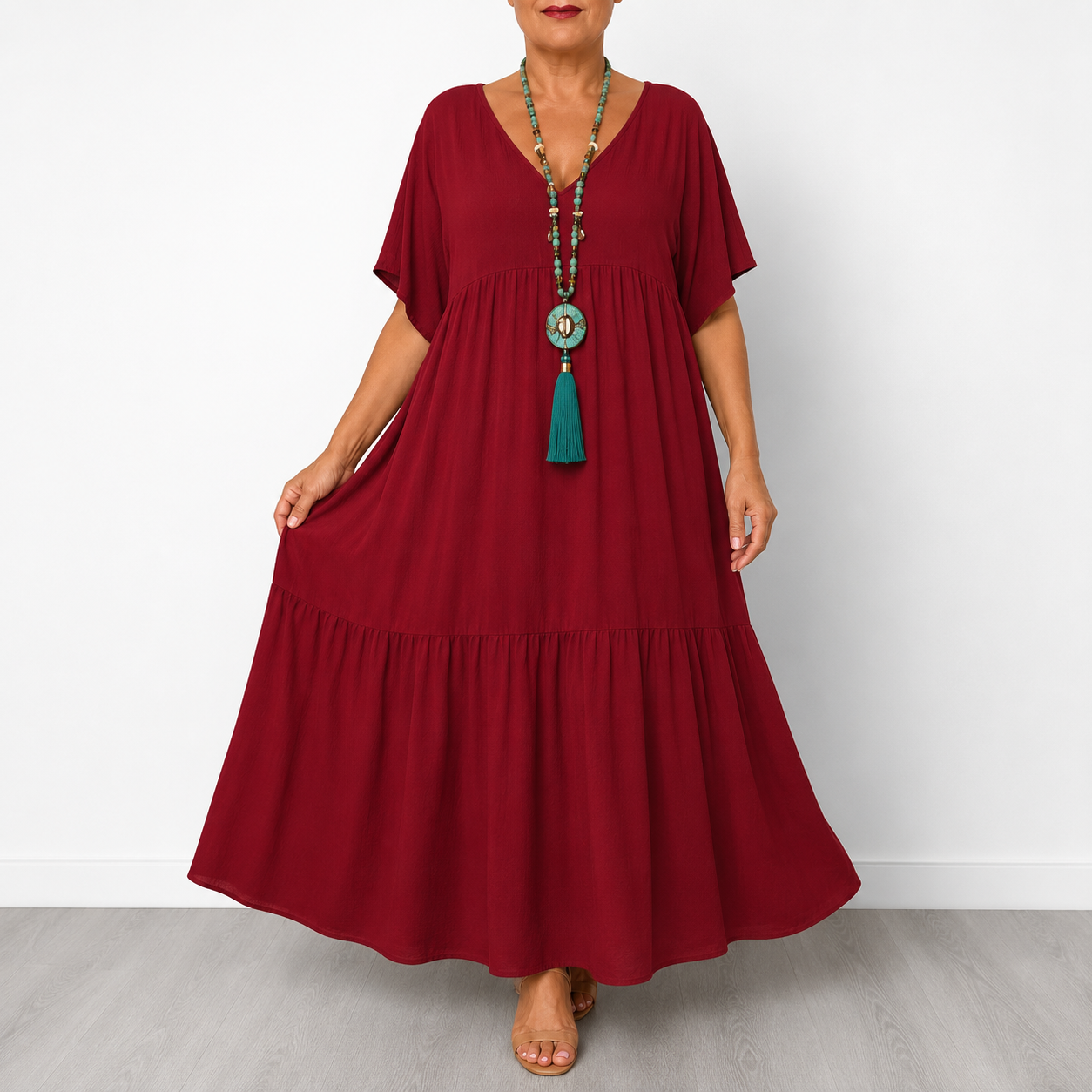 Vellira – Plus Size V-Neck Tiered Midi Dress