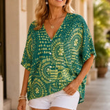 Solvana – Boho V-Neck Dolman Sleeve Top for Women, Floral Print Loose Summer Blouse
