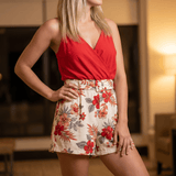 Moxivara - Women's Wrap V-Neck Summer Set with Floral Shorts