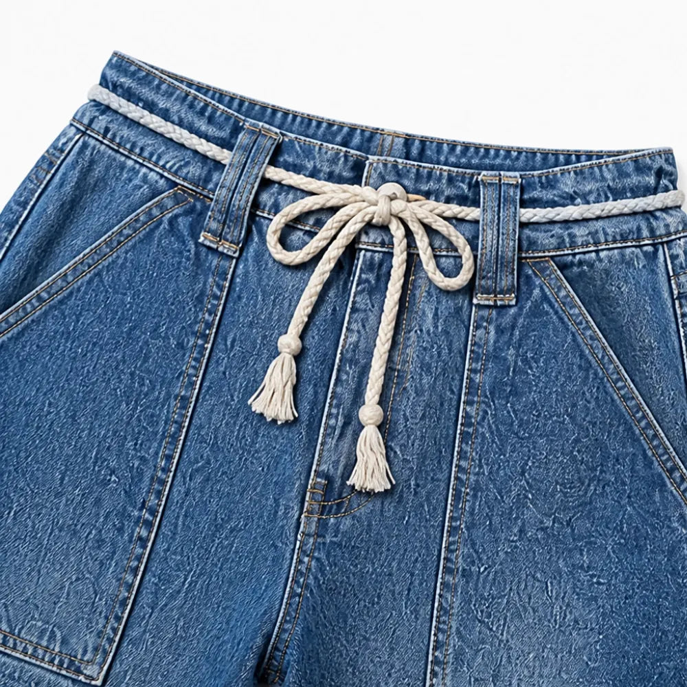 Marielle – Wide Leg Cropped Cargo Jeans with Rope Tie Waist