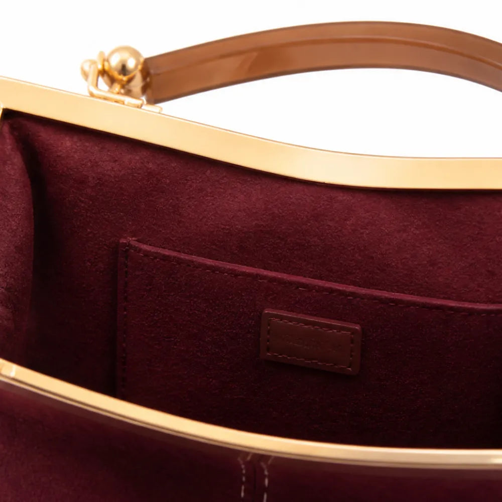 Marelli – Suede-look shell bag with gold tone-frame clasp and crossbody strap