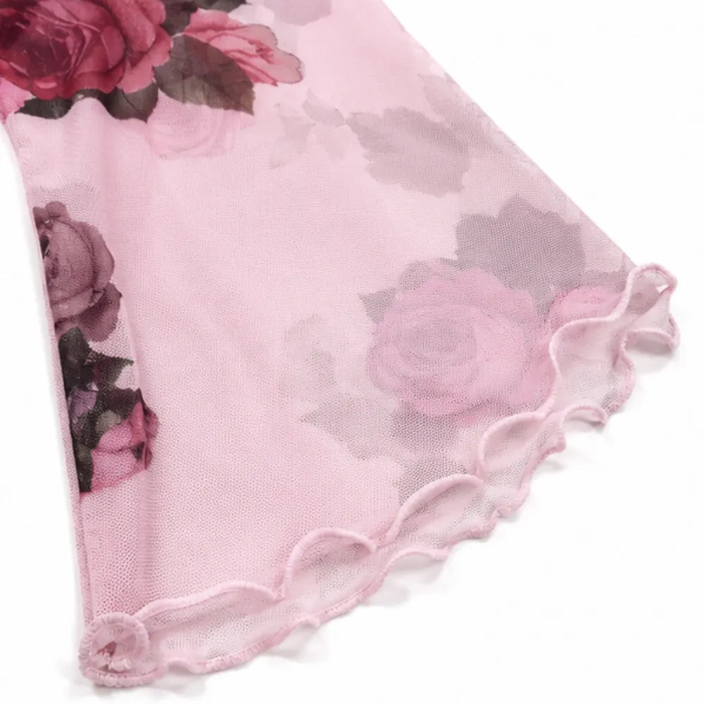 Roselyn – Floral tie-front bell sleeve mesh blouse