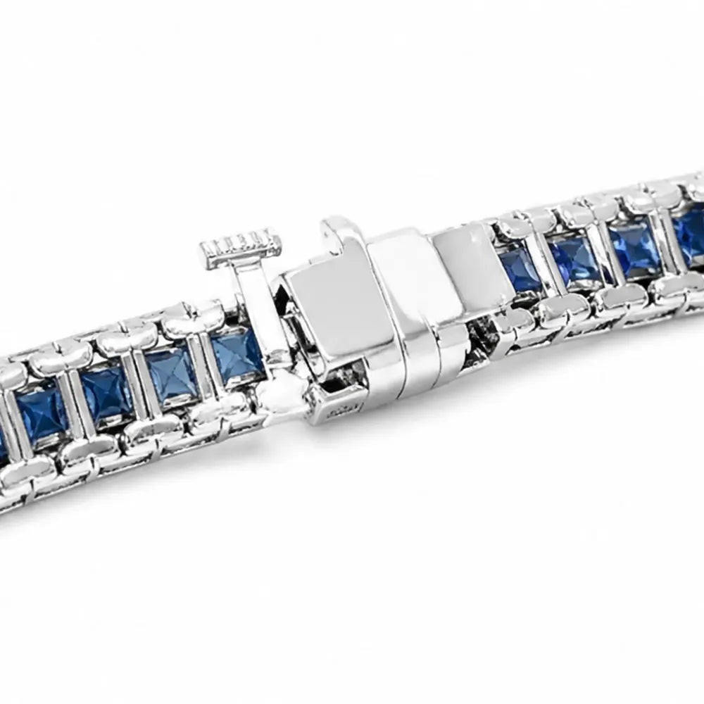 Sereva – Art Deco Sapphire Look Tennis Bracelet with Diamond-Look Clasp, Silver-Tone