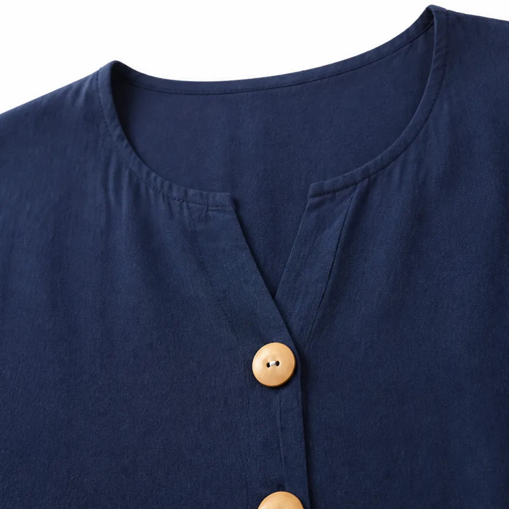 Lyneva – Linen-Look V-Neck Button Top for Women, Relaxed Casual Short-Sleeve Blouse