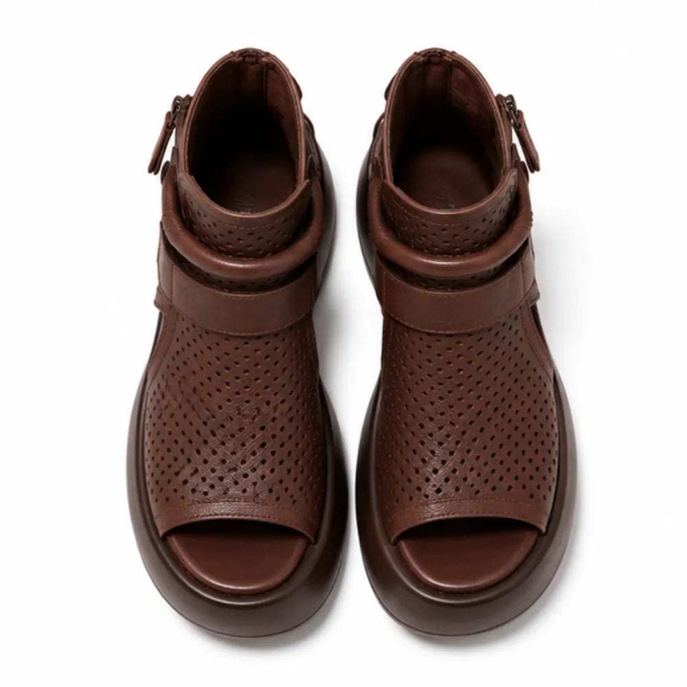 Terracora – Cut Out Platform Sandals with Back Zip, Cognac Espresso Beige