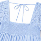 Vivelyn – Square Neck Smocked Babydoll Mini Dress with Lace Sleeves
