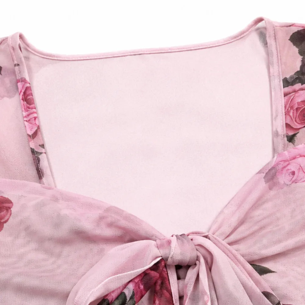Roselyn – Floral tie-front bell sleeve mesh blouse