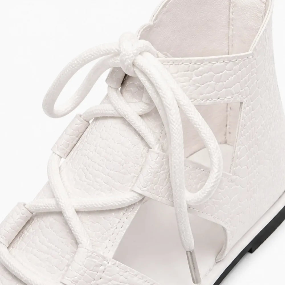 Solvia – Croc-Textured Lace-Up Flat Gladiator Sandals for Women