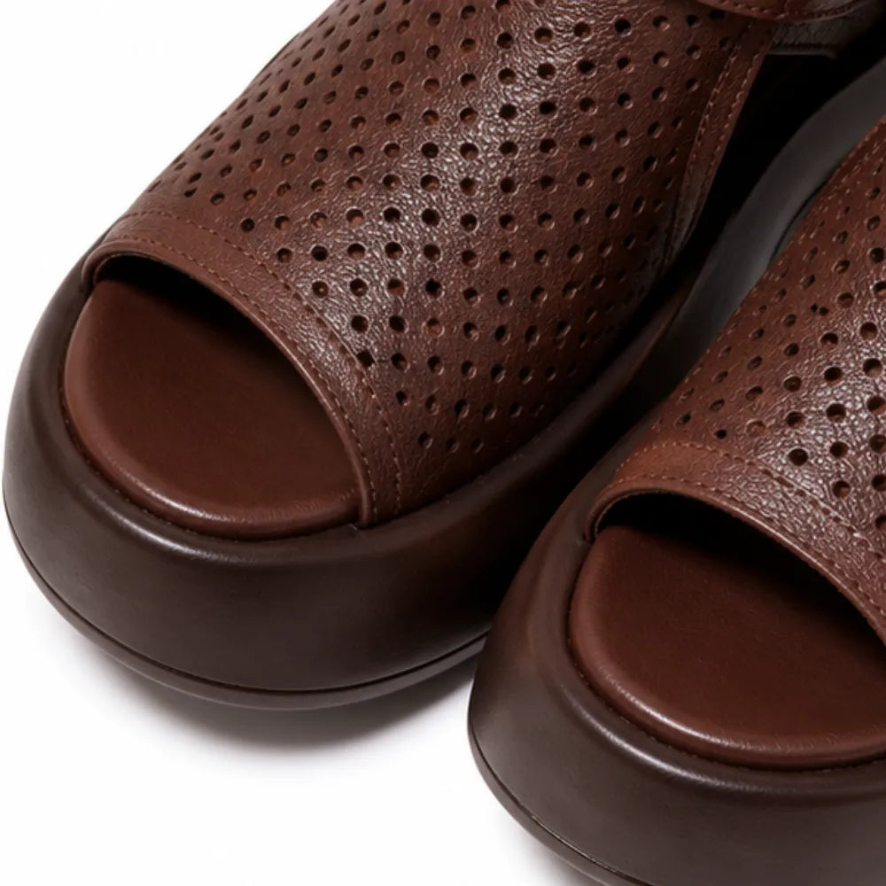 Terracora – Cut Out Platform Sandals with Back Zip, Cognac Espresso Beige