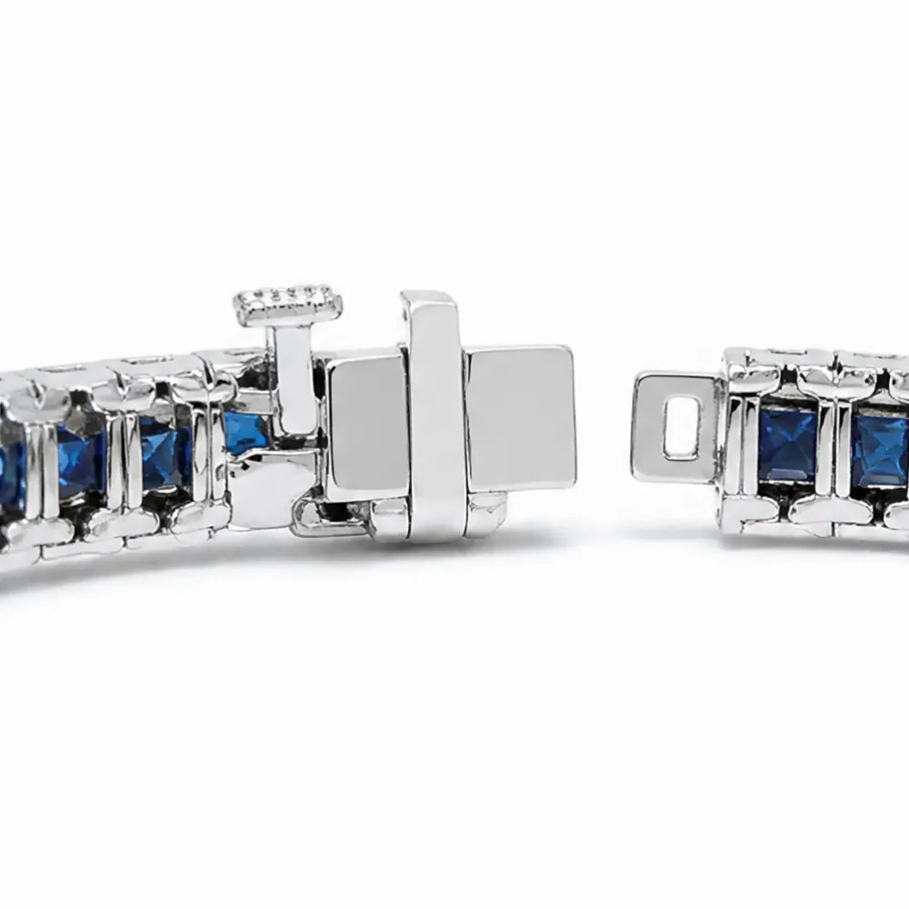 Sereva – Art Deco Sapphire Look Tennis Bracelet with Diamond-Look Clasp, Silver-Tone