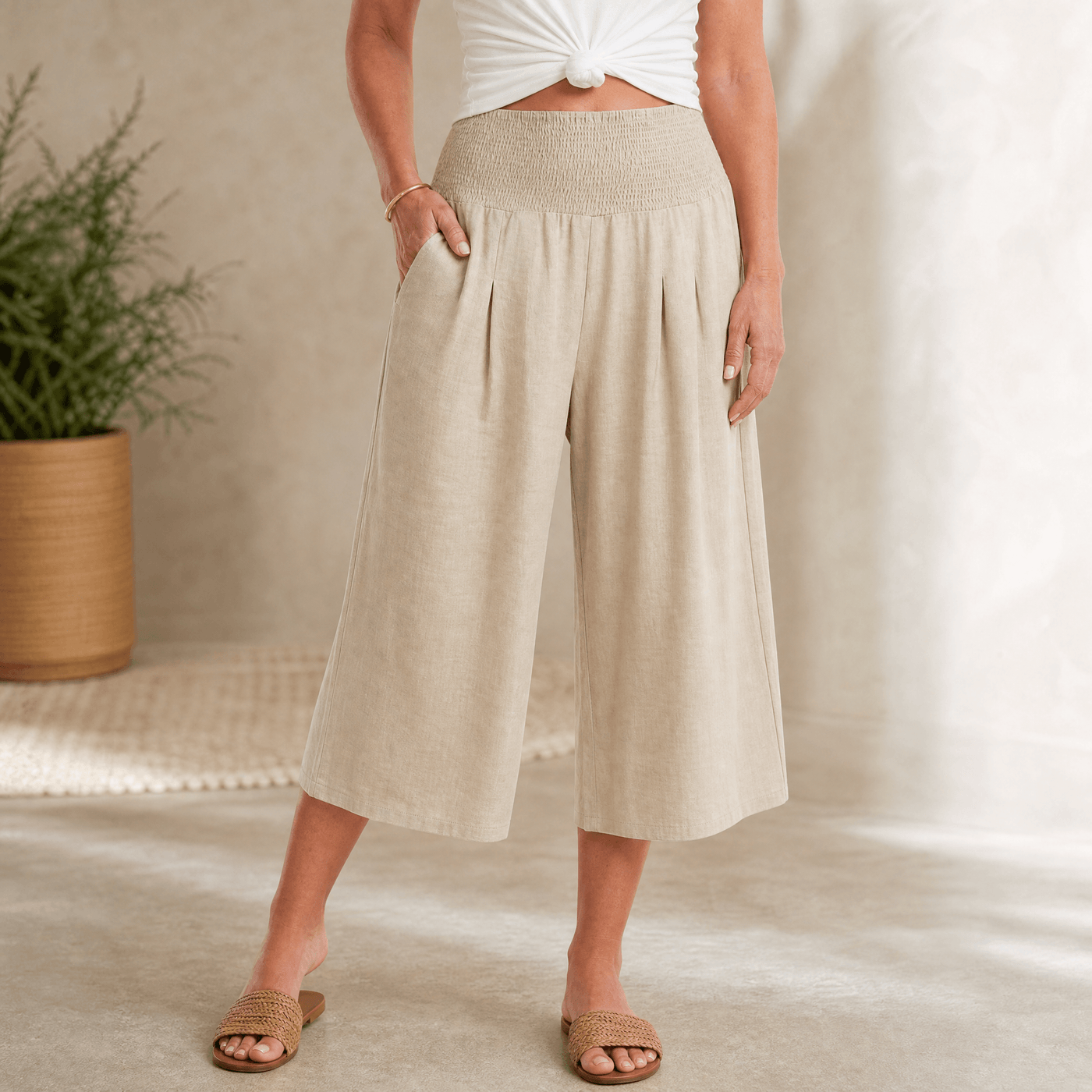 Coastella – Women's Smocked-Waist Wide-Leg Culottes