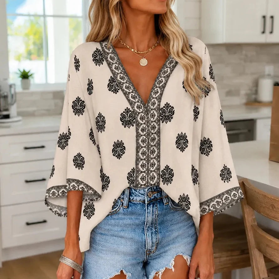 Verona – Boho Damask Print V-Neck Tunic Blouse with Bell Sleeves for Women