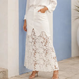 Florenza – Floral lace hem high waist denim maxi skirt with pockets