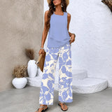 Solenza – Watercolor Print Two-Piece Set with Wide-Leg Pants and Flowy Tank