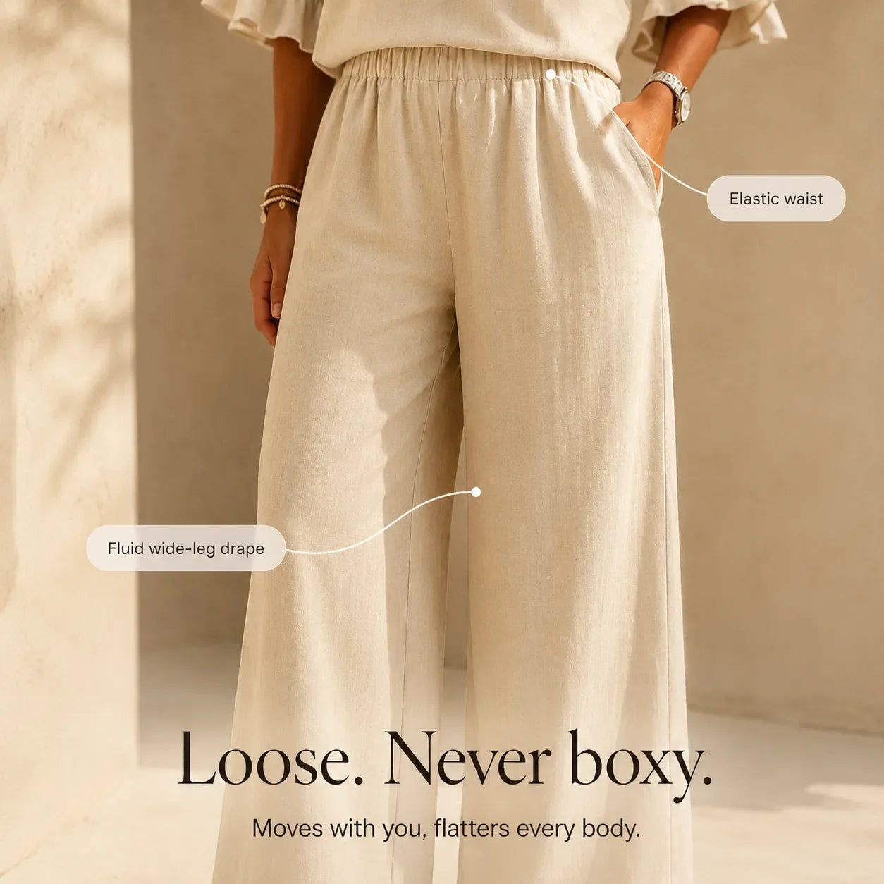 Lunavia – Linen-Look Two-Piece Set with Ruffle Sleeves and Wide-Leg Pants