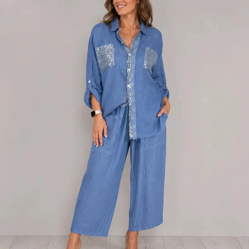 Solencia – Shimmer Pocket Shirt and Wide-Leg Pants Set