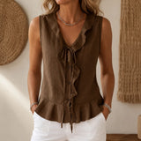 Vellara – Sleeveless Ruffle V-Neck Blouse with Bow Tie and Peplum Hem