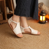Solene – Pebbled PU T-Strap Flat Sandals for Women, Slip-On Open Toe Summer Shoes