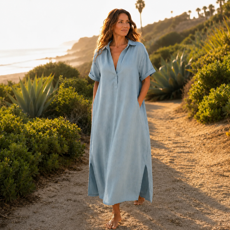 Solventa – Women's Linen-Look Maxi Shirt Dress with Pockets