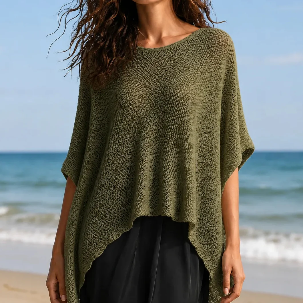 Solvera – Open Knit Batwing Top with Asymmetric Hem