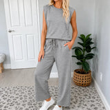 Lounella – Sleeveless Top & Wide-Leg Drawstring Pants 2-Piece Lounge Set