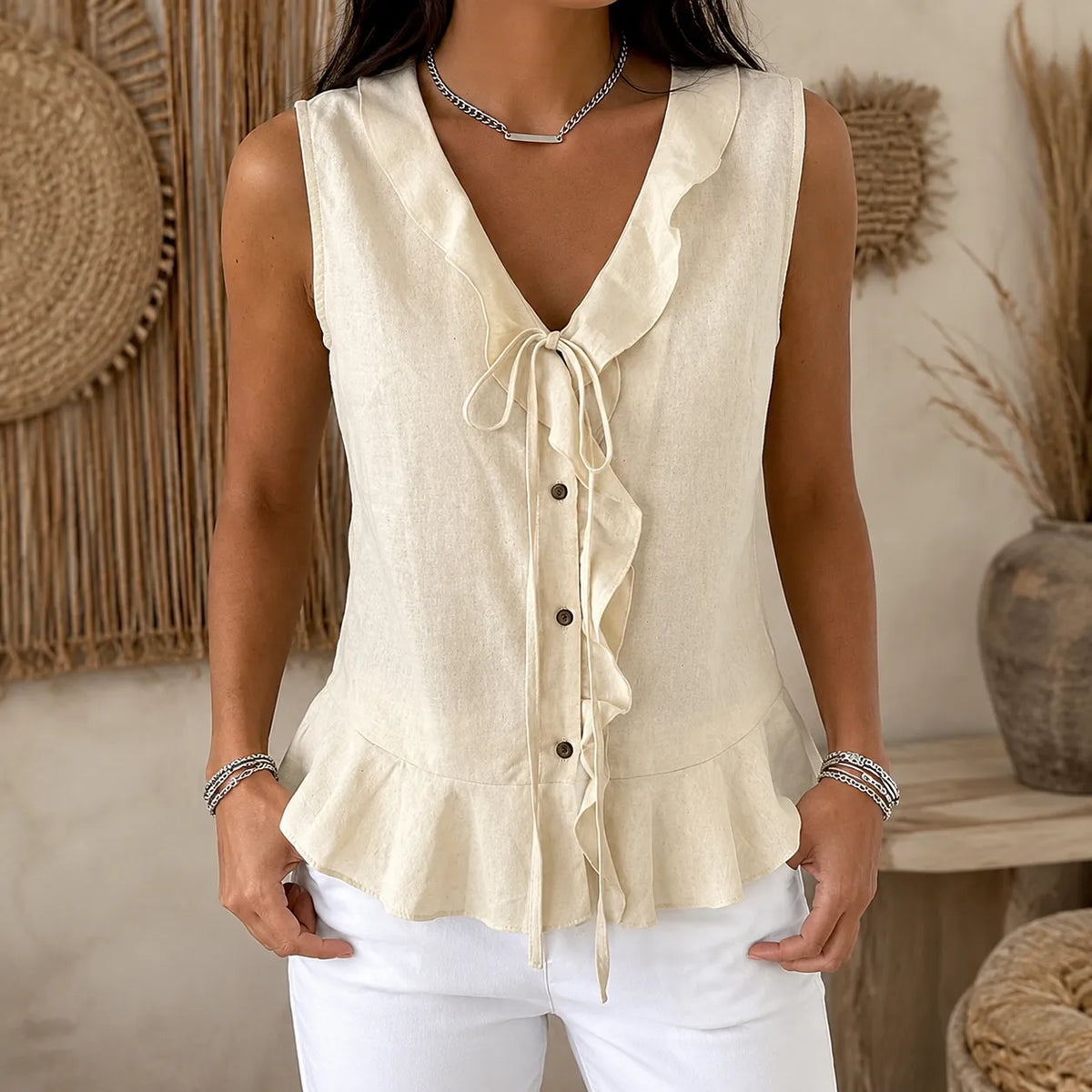 Vellara – Sleeveless Ruffle V-Neck Blouse with Bow Tie and Peplum Hem