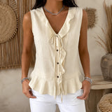Vellara – Sleeveless Ruffle V-Neck Blouse with Bow Tie and Peplum Hem