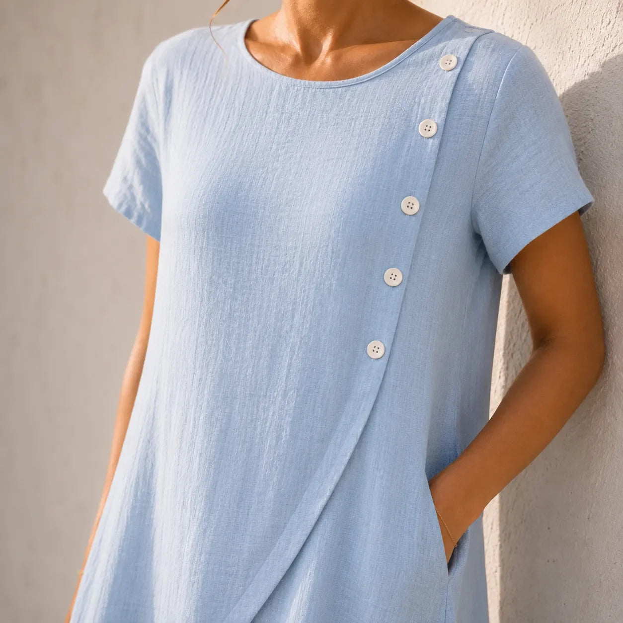 Sumlor – Asymmetric Button Midi Dress with Pockets for Summer