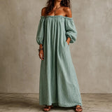 Marisella – Off-Shoulder Striped Maxi Dress with Lantern Sleeves and Pockets