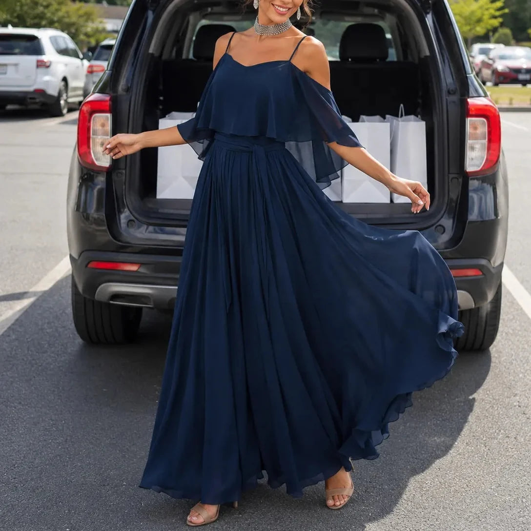 Solavia – Cold Shoulder Chiffon-like Maxi Dress for Weddings & Formal Events
